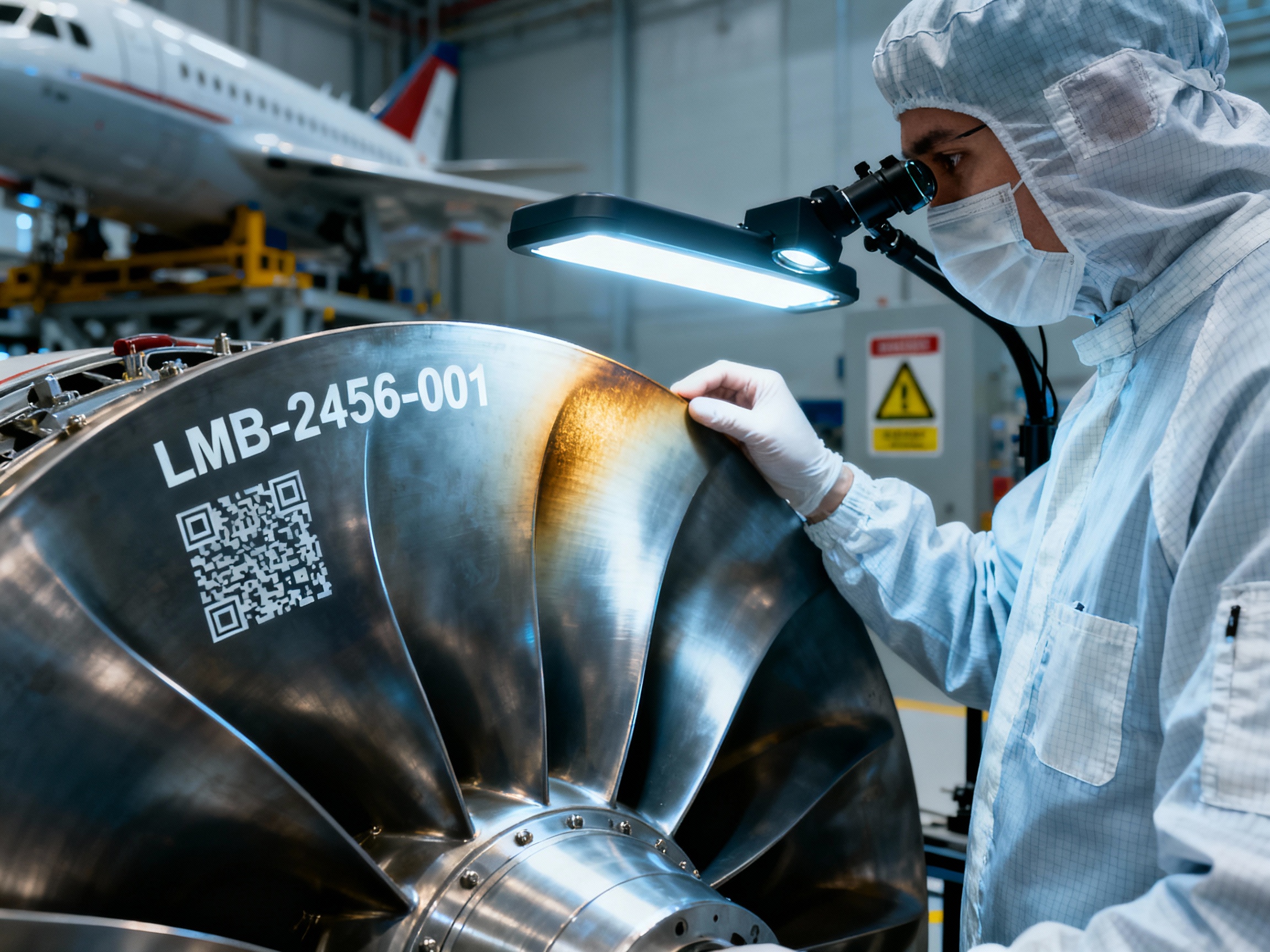 A technician inspects a laser-marked turbine blade in an aerospace facility. The blade's curved surface displays a Data Matrix code and alphanumeric identifiers, with the laser's heat-affected zone visible as a slight discoloration under inspection lighting.