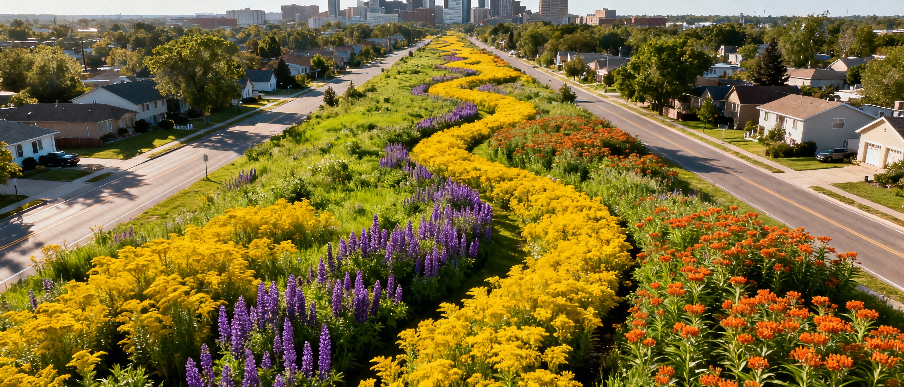 An aerial view of a lush green corridor stretching through a cityscape, bursting with yellow goldenrod, purple lupines, and orange milkweed, weaving between roadways and neighborhoods under midday sun.