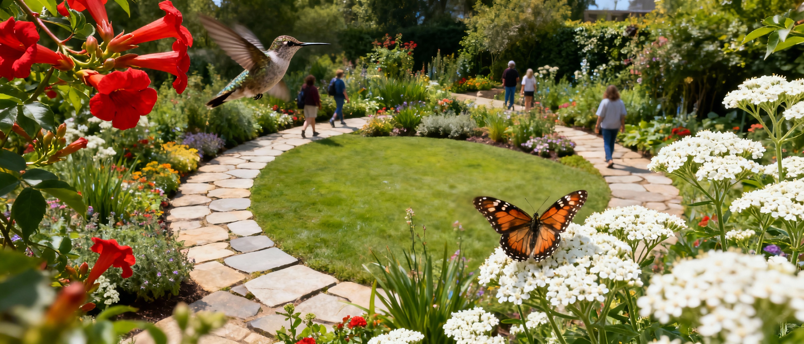 A circular garden bursting with color: hummingbirds hover near red trumpet vines while swallowtail butterflies land on white yarrow blooms, with stone pathways guiding human visitors through the micro-habitat.