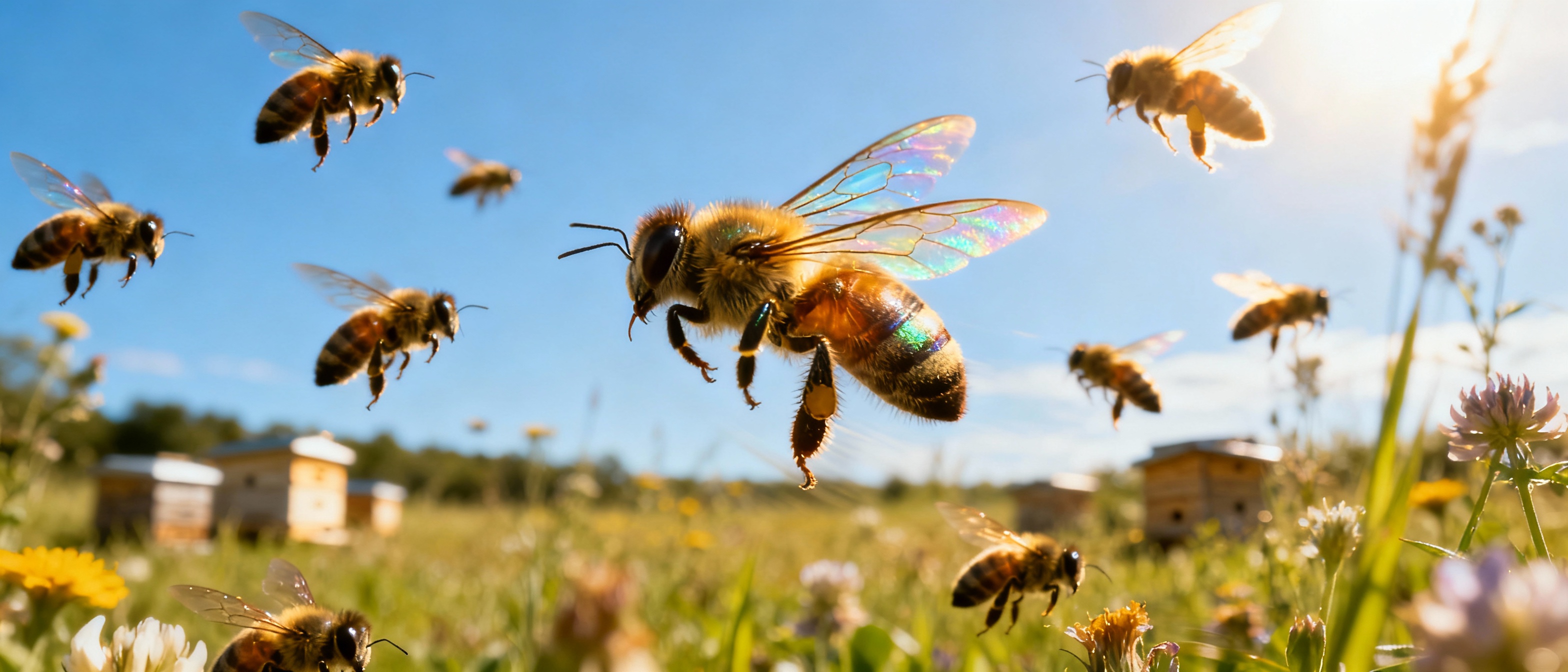 A queen bee mid-flight against a bright blue sky, surrounded by drone bees in a natural meadow. The image captures motion blur on the wings, with golden sunlight highlighting the bees' translucent wings and iridescent bodies. Wildflowers and distant hives provide context for natural mating behavior.