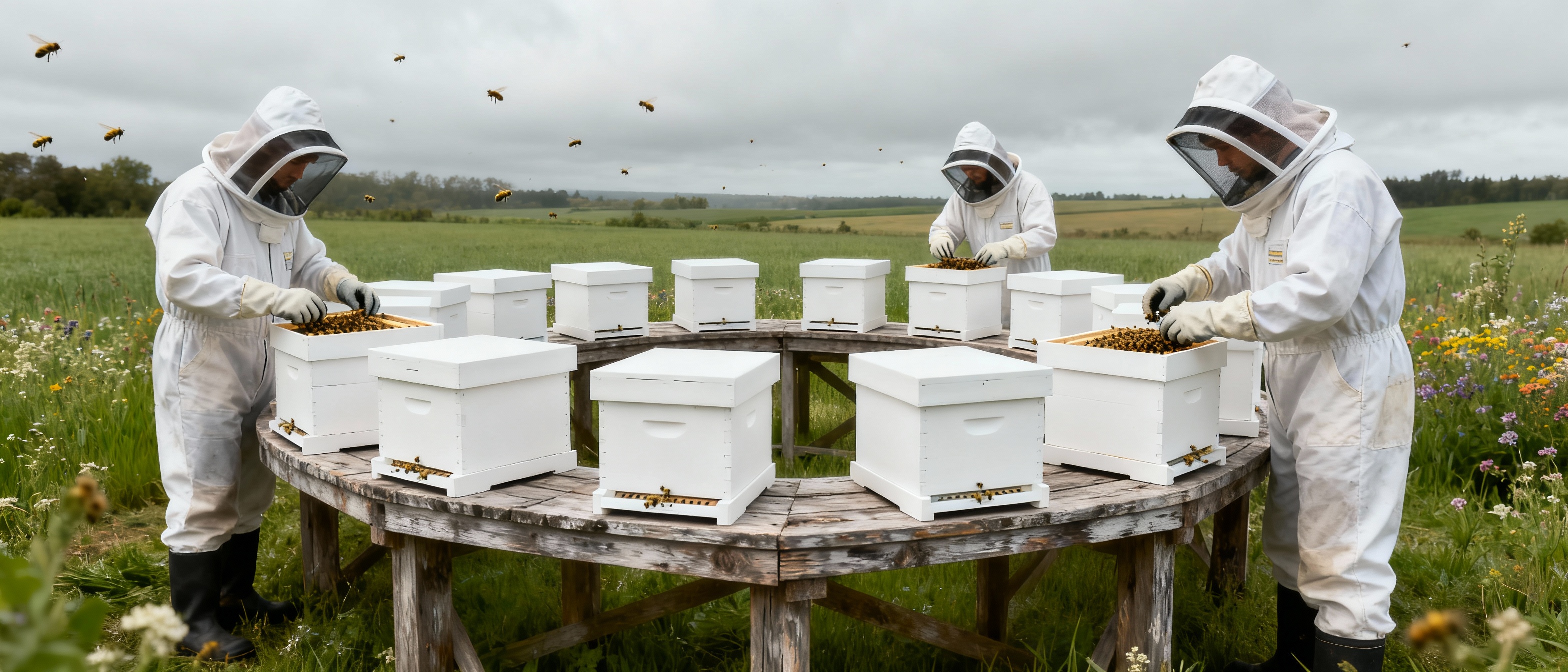 A hyperlocal queen mating station in an apiary, featuring white mini-hives arranged in a circular pattern on wooden stands. Beekeepers in protective suits inspect the hives under a cloudy sky, with green fields and wildflower patches in the background. The image conveys organization and sustainable practices.