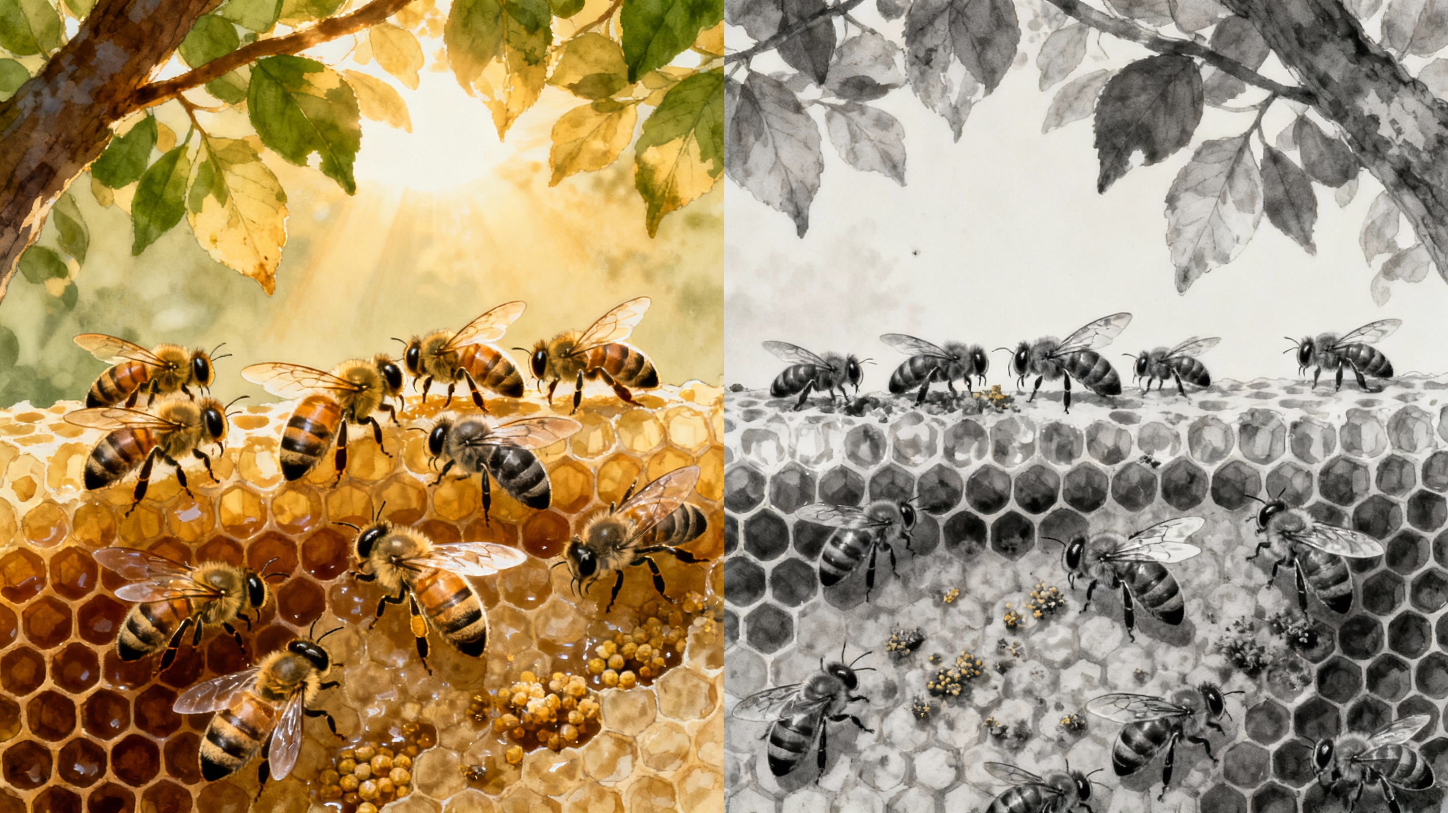 A split-frame comparison showing two honeybee colonies: one with varied worker bee coloration (left) and another with uniform genetics (right). The vibrant, diverse colony thrives on honeycomb filled with pollen and nectar, while the monochromatic colony shows signs of disease. Sunlight filters through tree leaves above.