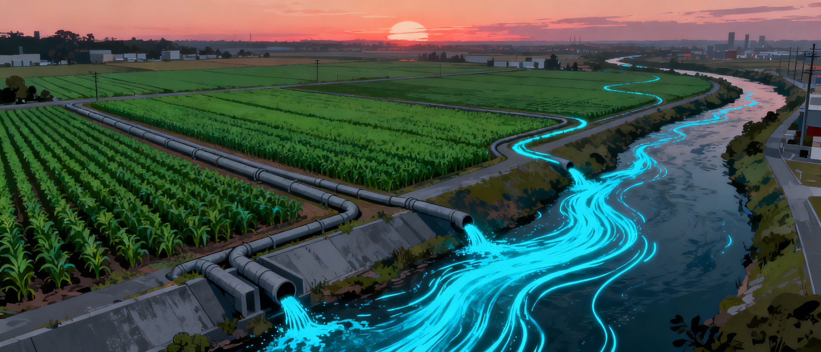 An aerial view of farmland with neon blue streaks representing neonicotinoid runoff flowing into a river, juxtaposed against green crop rows and gray urban drainage systems. The stylized illustration uses high-contrast colors to emphasize pollution pathways, with a muted sunset backdrop symbolizing environmental urgency.