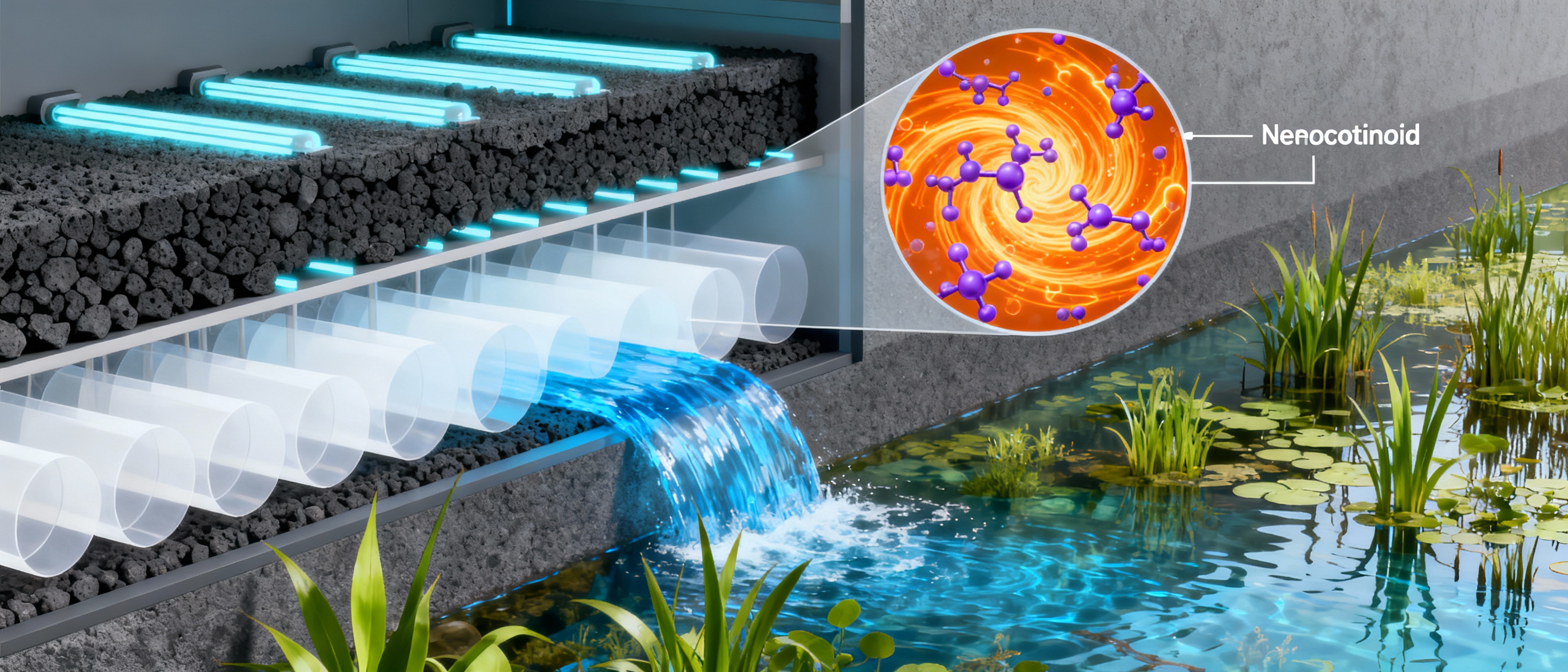 A cross-sectional diagram of a high-tech water filtration system showing layered activated carbon filters, UV light arrays, and reverse osmosis membranes. An inset magnifies neonicotinoid molecules being neutralized by orange oxidation reactions. Clean blue water exits the system into a thriving wetland ecosystem.