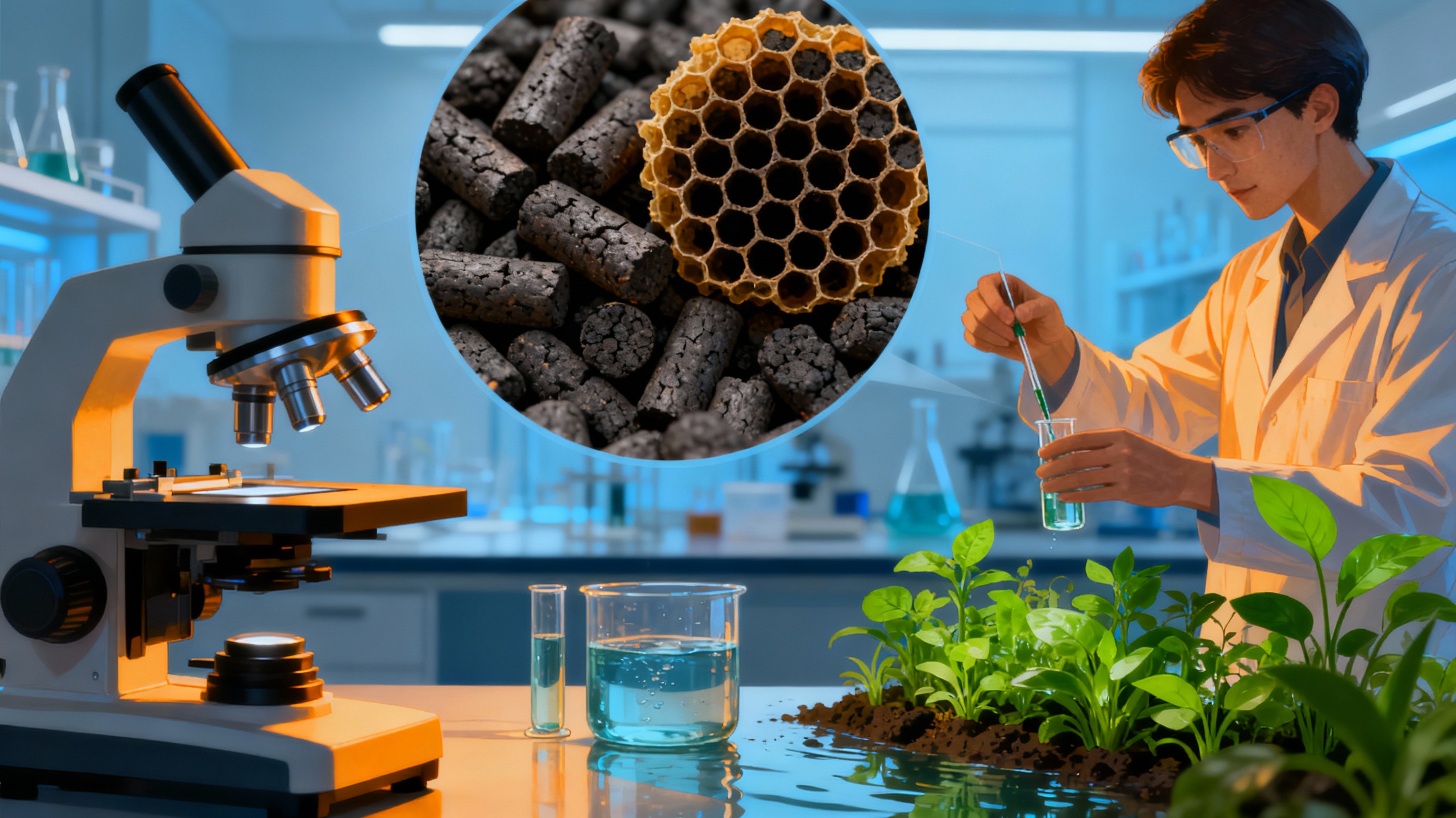 A laboratory setup featuring biochar pellets under a microscope, revealing their honeycomb-like structure. Beside it, a technician in a lab coat tests water samples, with vibrant green plants symbolizing ecological remediation. Cool blue tones contrast with warm amber lighting to highlight scientific innovation.