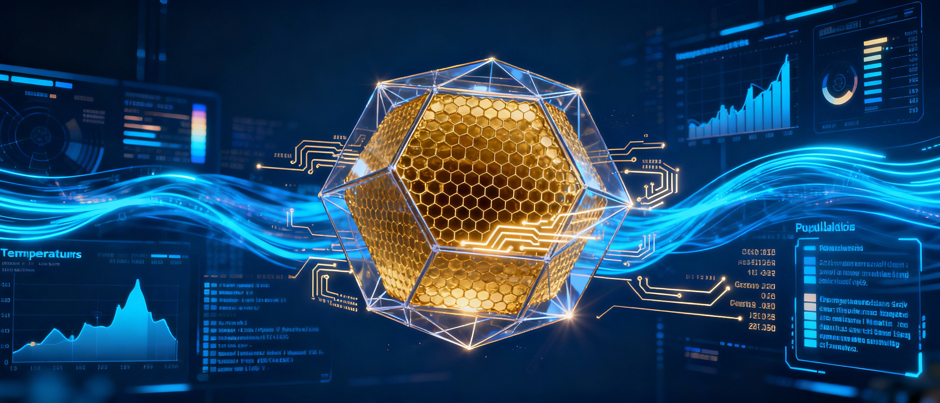 A transparent wireframe model of a beehive floats in cyberspace, surrounded by data streams showing temperature gradients and population analytics. Neon-blue code overlays contrast with golden comb structures, symbolizing the fusion of biology and technology.