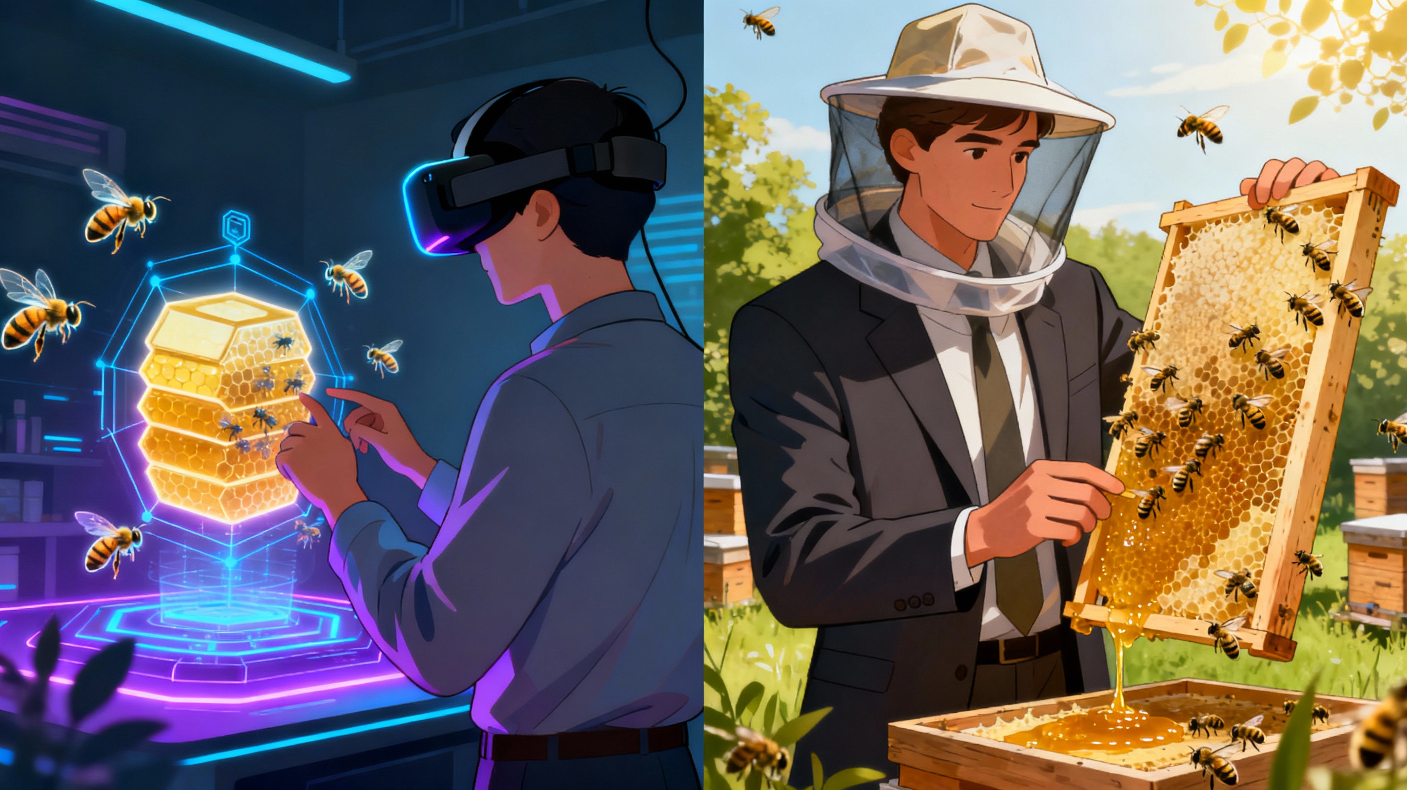 Split-screen view comparing a VR user analyzing a glowing hive diagram with a real-world beekeeper examining a frame. Both environments show identical bee density and honey distribution patterns, highlighting knowledge transfer between digital and physical realms.