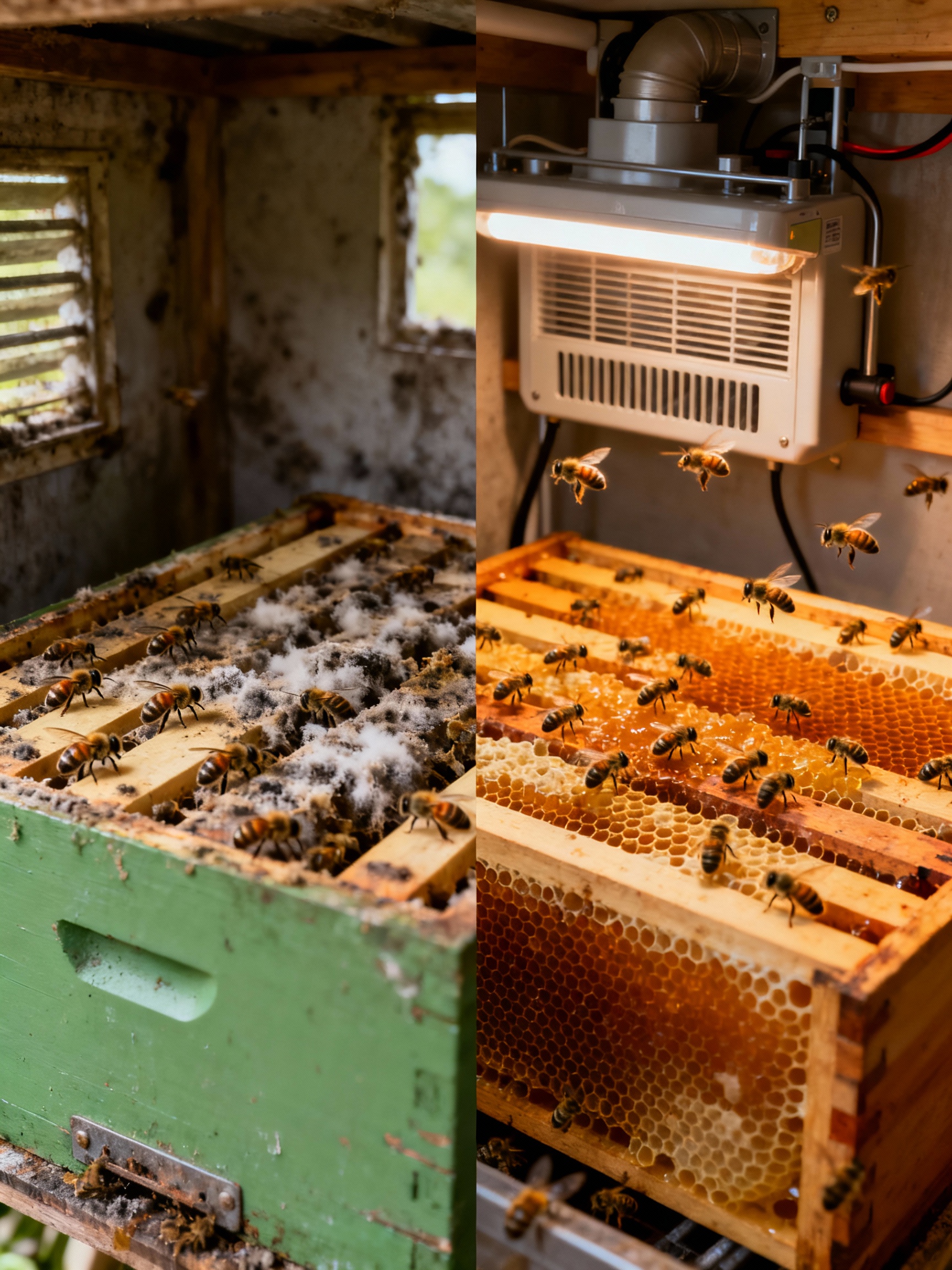 Split-image comparison: left shows a poorly ventilated hive with moldy frames and lethargic bees; right depicts a thriving hive with Automated ventilation, abundant honey storage, and active bees. Warm amber highlights frame the healthy colony, while muted greens accentuate the struggling one.