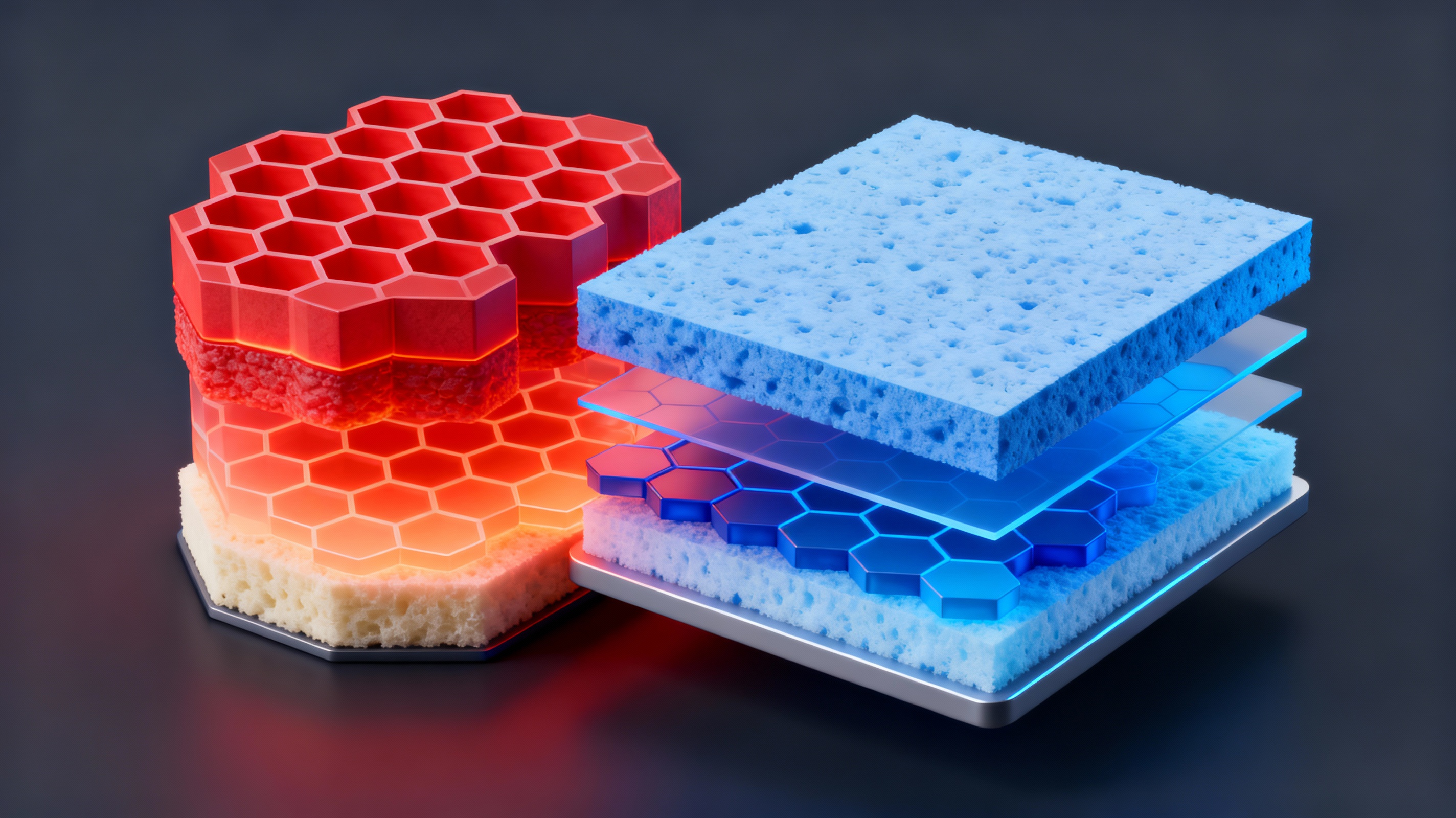 A conceptual 3D diagram comparing a beehive’s structure to a human-made insulation panel. Layers of hexagonal cells shift between expanded and compressed states, visualized with dynamic color gradients (red for heat retention, blue for cooling). The diagram blends organic textures with futuristic materials, rendered in a minimalist scientific illustration style.