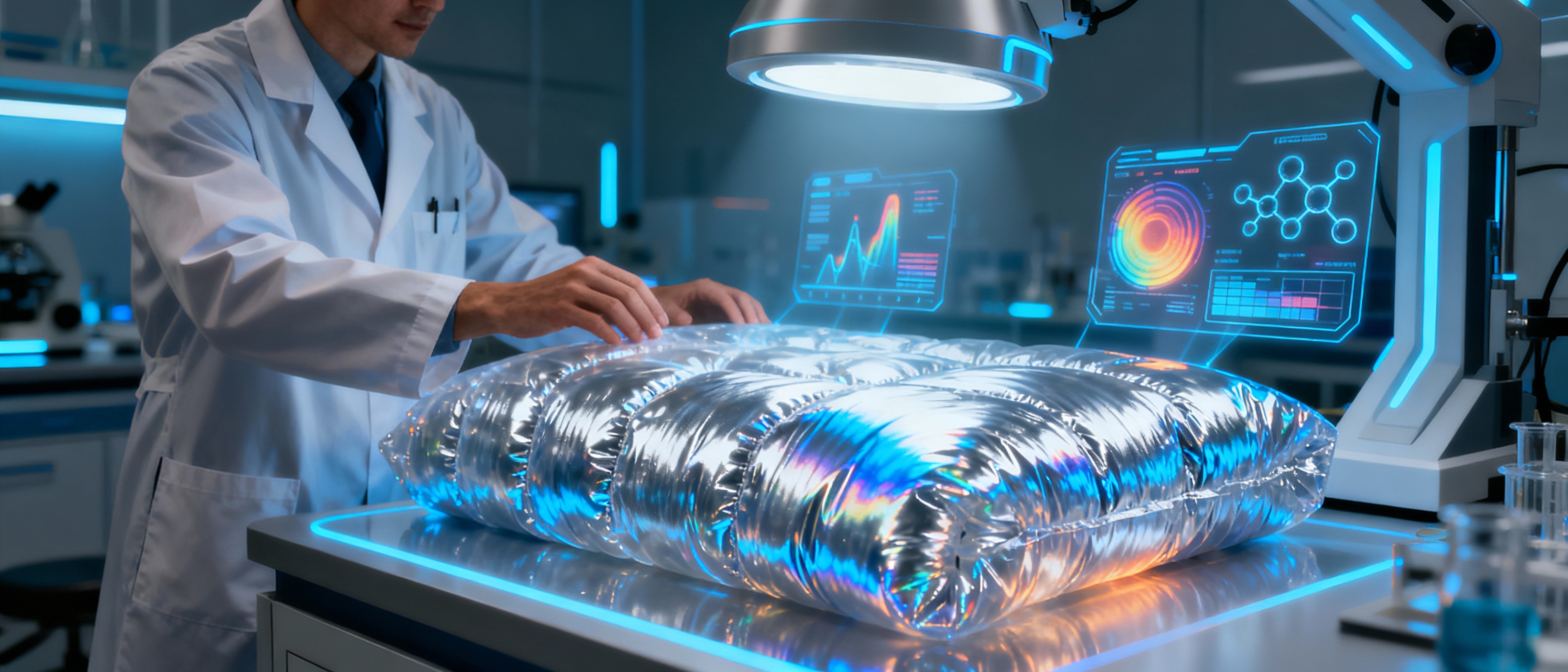 A close-up of a researcher testing a translucent insulation material that changes opacity when exposed to a heat lamp. The lab environment features futuristic equipment, with holographic projections displaying thermal maps and molecular structures. The material shimmers with iridescent blues and silvers under focused lighting, evoking a high-tech laboratory aesthetic.