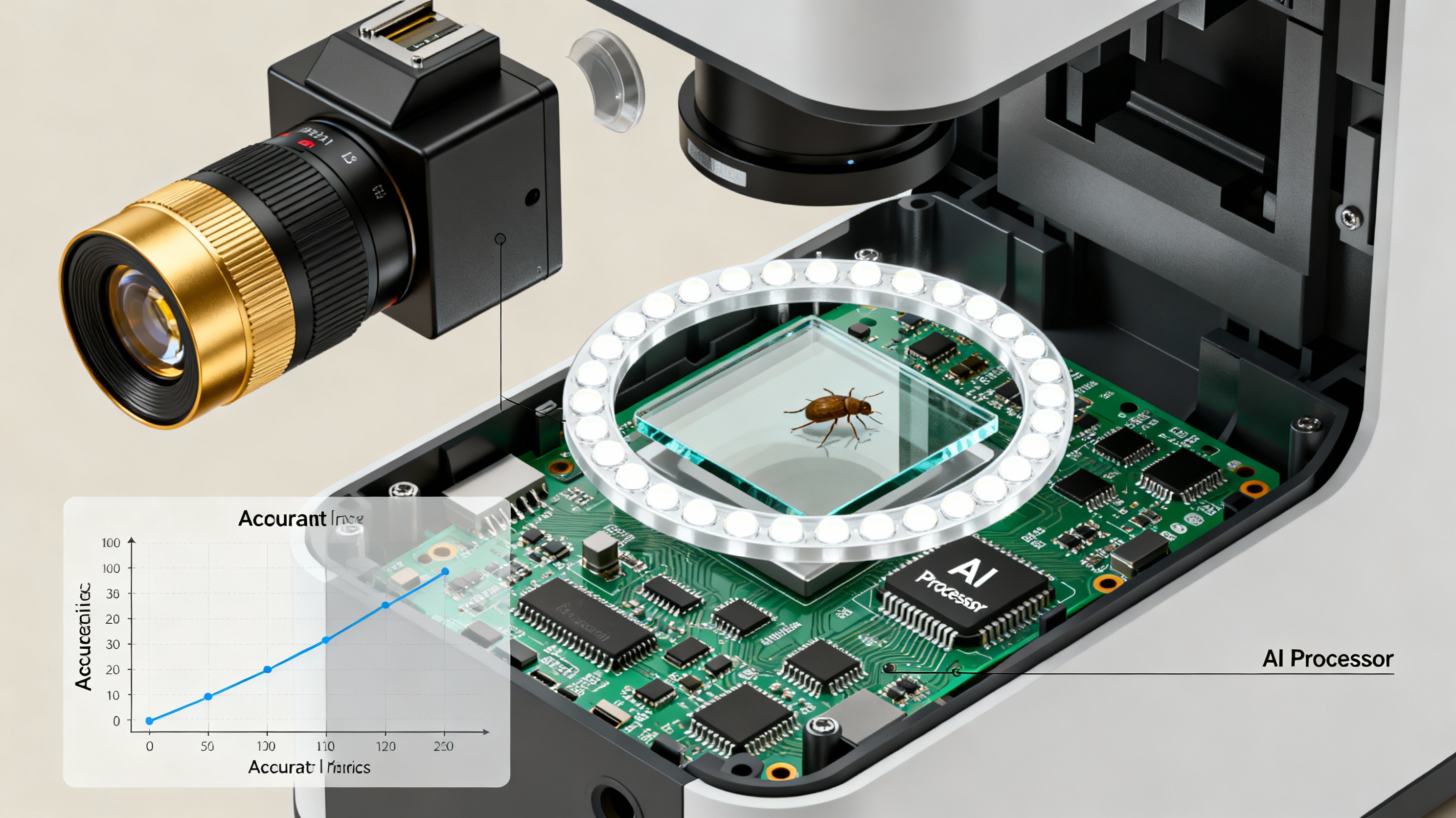 An exploded view of an automated mite counter's internal components: a high-resolution camera with gold-colored lens elements, a ring of white LED lights surrounding a glass sample stage, and circuit boards with microchips labeled 'AI Processor.' A graph overlay shows accuracy metrics across species.