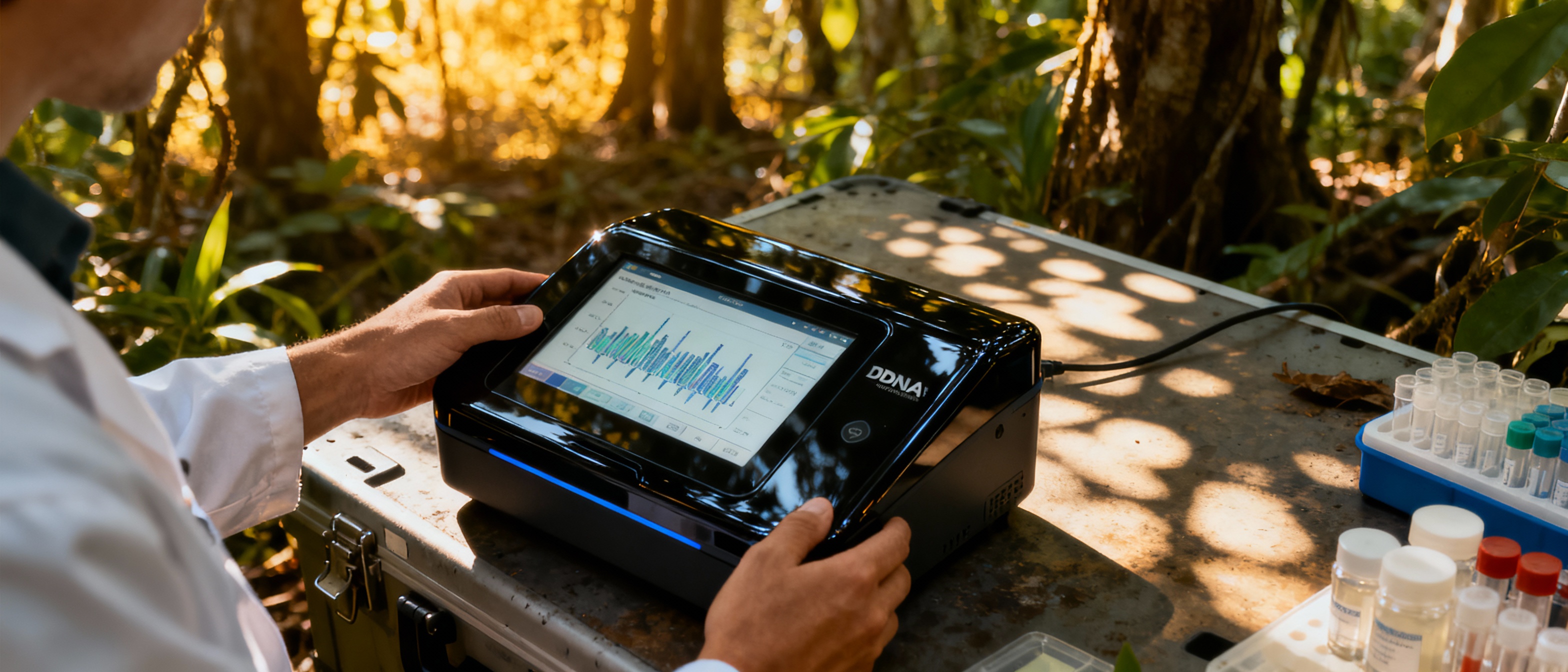 A researcher in a field setting uses a handheld DNA analyzer surrounded by foliage and sample containers. The device has a glossy black finish with an LCD screen displaying genomic data. Sunlight filters through trees, casting dappled shadows on a rugged, outdoor workstation. Keywords: portable DNA analyzer, genetic research, fieldwork.