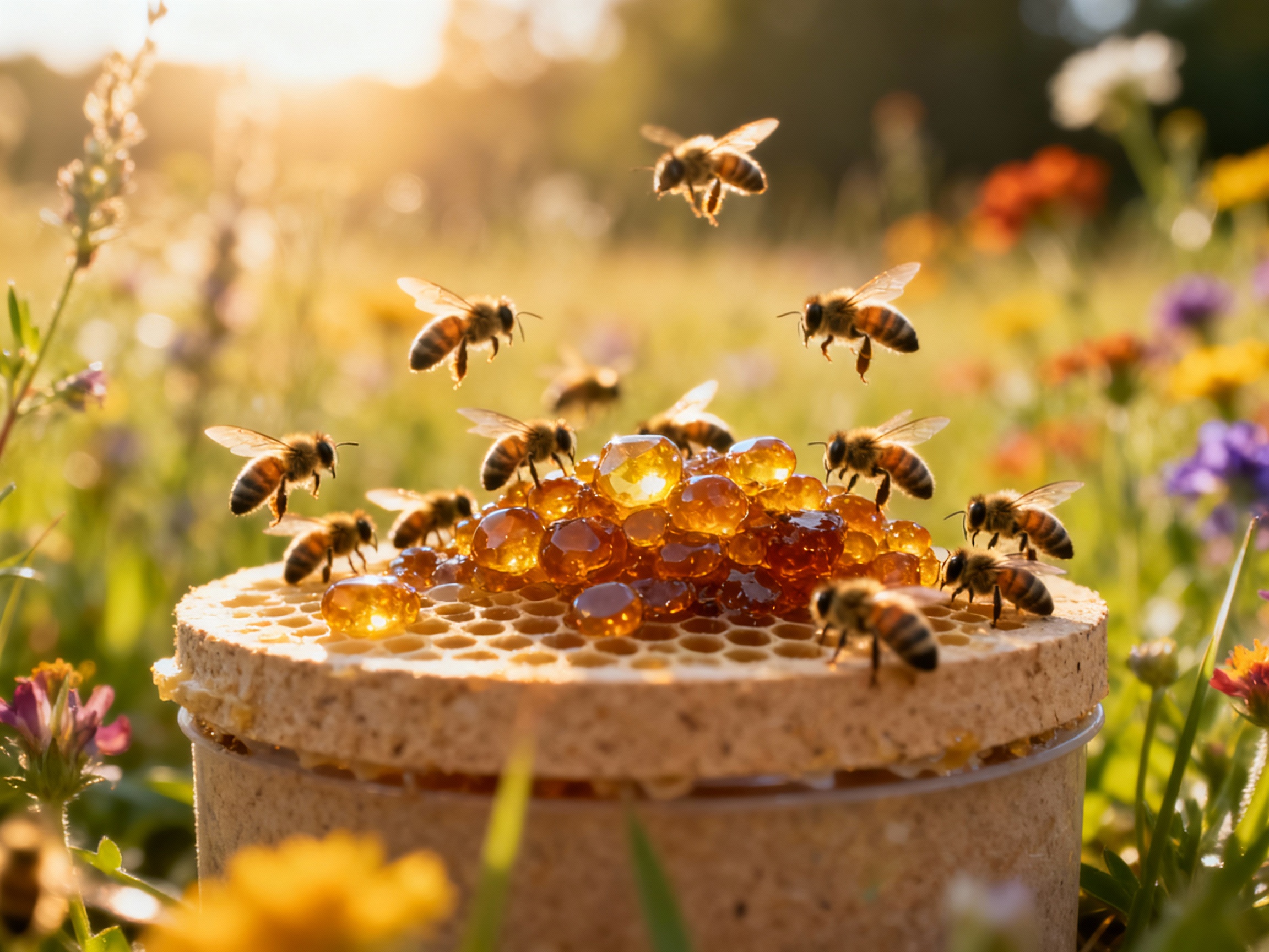 A thriving bee colony on a zero-waste trap, with bees hovering in a sunlit meadow. The propolis glistens like amber gemstones against the eco-friendly trap, while vibrant wildflowers blur in the background. The image radiates vitality and ecological balance.