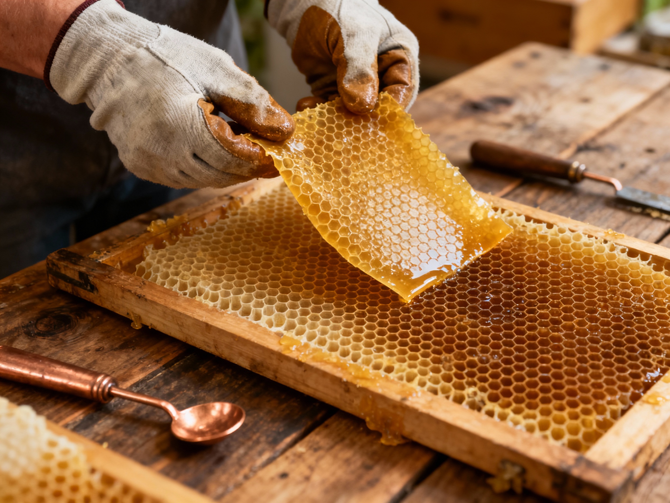 Close-up of golden beeswax sheets being carefully extracted from hexagonal honeycomb cells by gloved hands, with a rustic wooden workbench and copper tools in soft natural light. The scene emphasizes artisanal quality and zero-waste practices in raw material preparation.