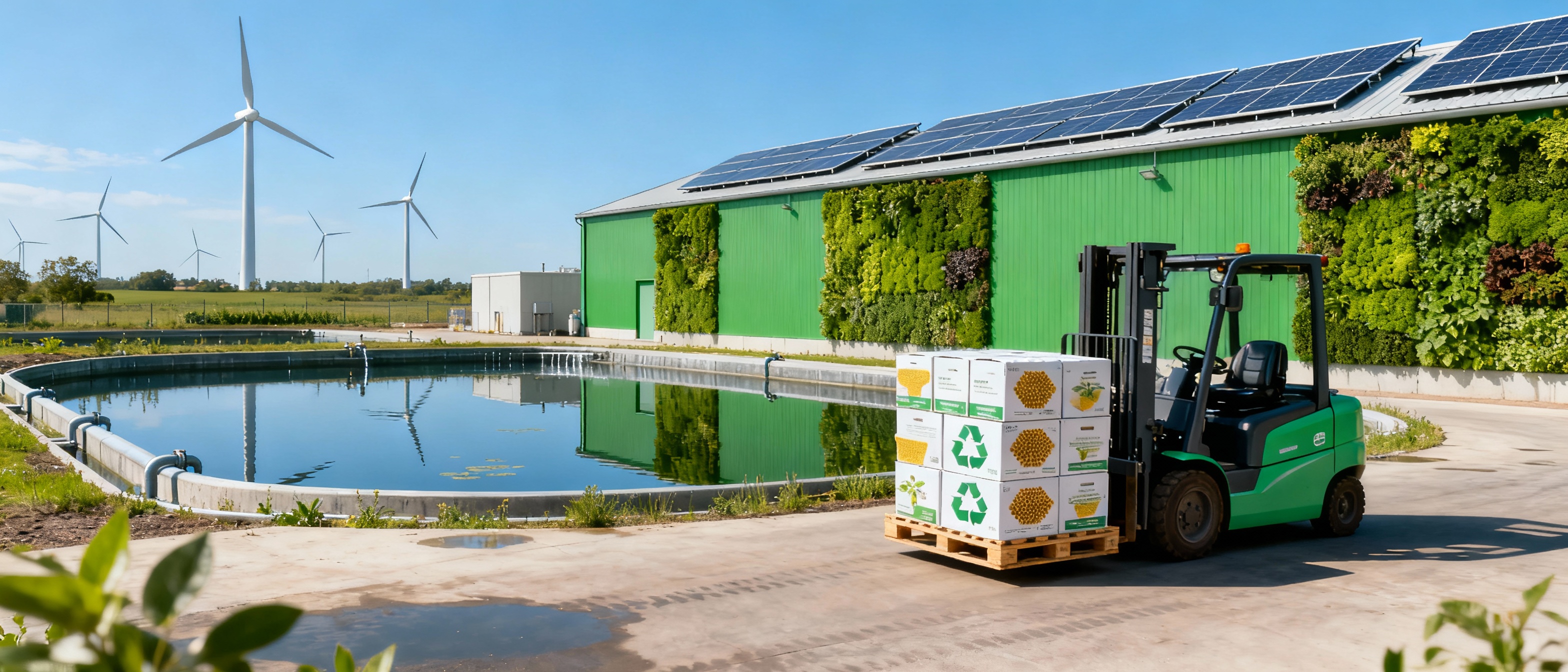 A modern industrial facility with living green walls and rooftop solar panels reflected in rainwater collection ponds. Wind turbines spin in the distance as electric forklifts move pallets of recyclable wax foundation packaging under a clear blue sky, symbolizing circular production systems.