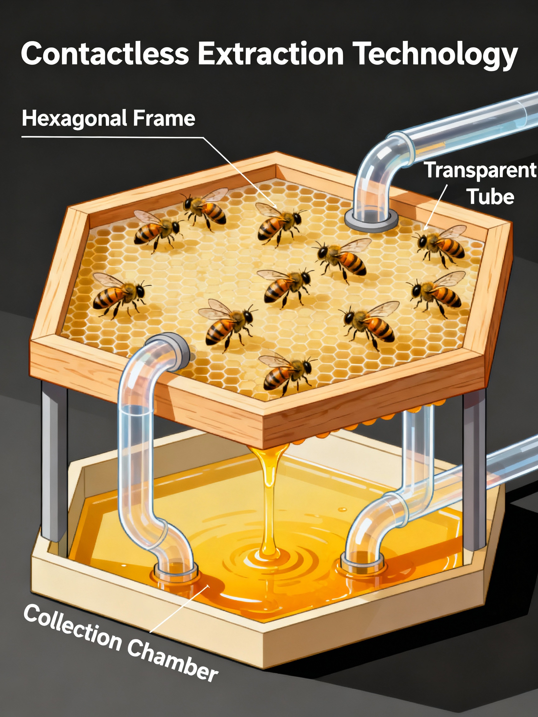 A cross-sectional illustration of a beehive with embedded contactless extraction technology. Transparent tubes connected to hexagonal frames channel honey into a collection chamber below. Bees continue their activities on the surface, unaffected by the process. The diagram uses a clean, digital art style with labels in a modern sans-serif font.