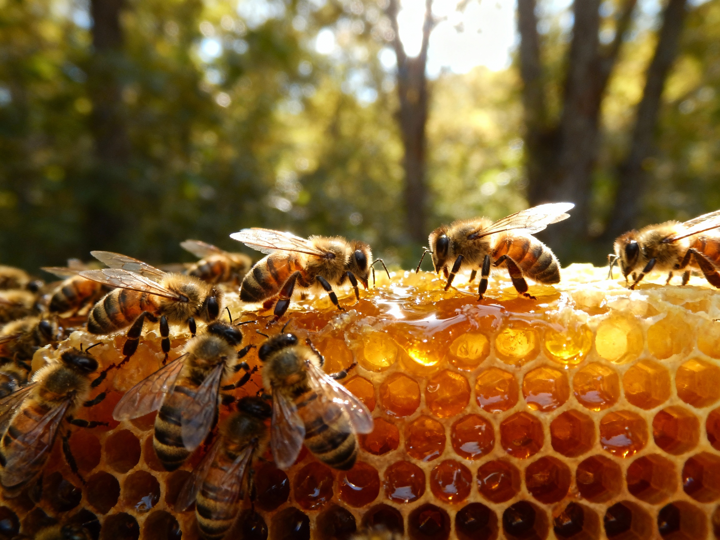 A vibrant, thriving bee colony on natural honeycomb, glistening with fresh honey. Bees cluster peacefully, with no signs of agitation. Sunlight filters through nearby trees, casting dappled shadows. The image highlights the natural gold and amber hues of honey and the bees’ delicate wings.