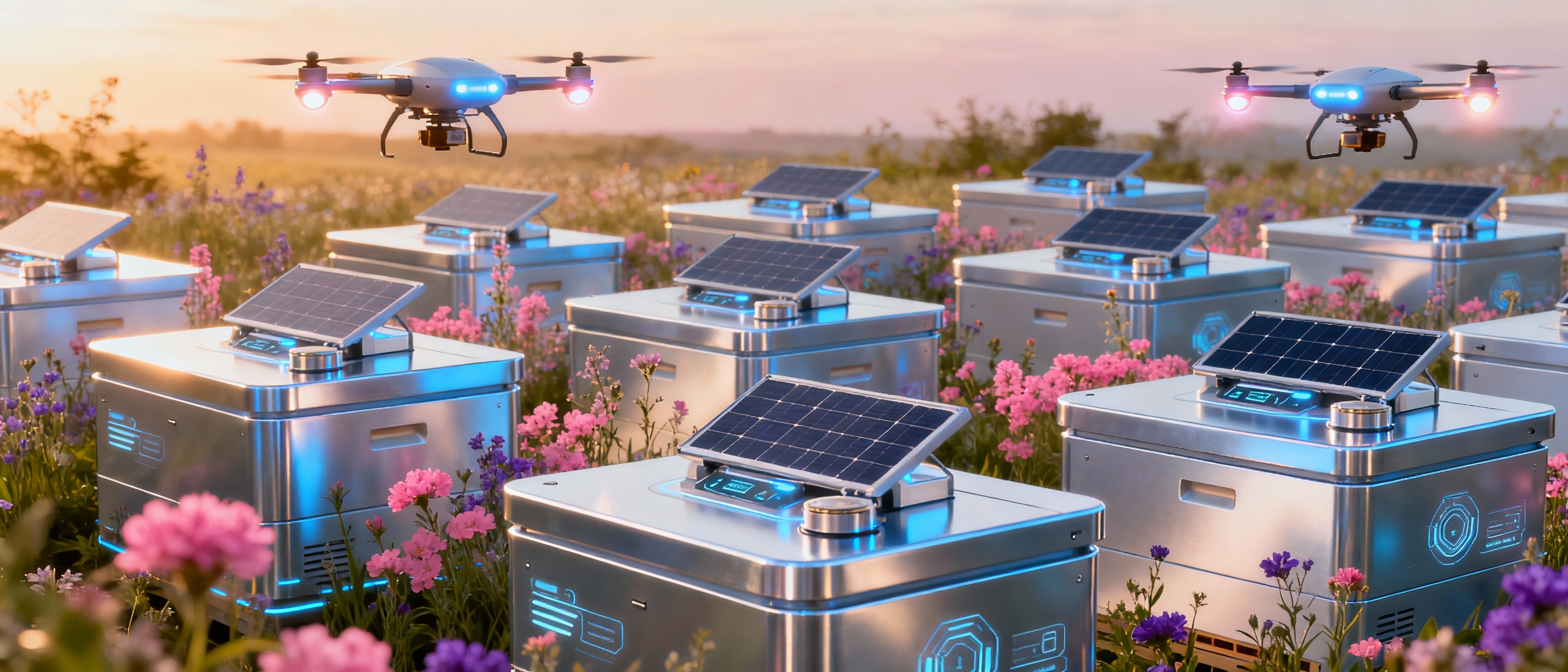 A futuristic apiary with sleek, modular hives arranged in a grid. Solar panels power contactless extraction units, while drones hover overhead. The landscape is a blend of wildflowers and tech, symbolizing a balanced ecosystem. The art style is photorealistic with a slight sci-fi ambiance.