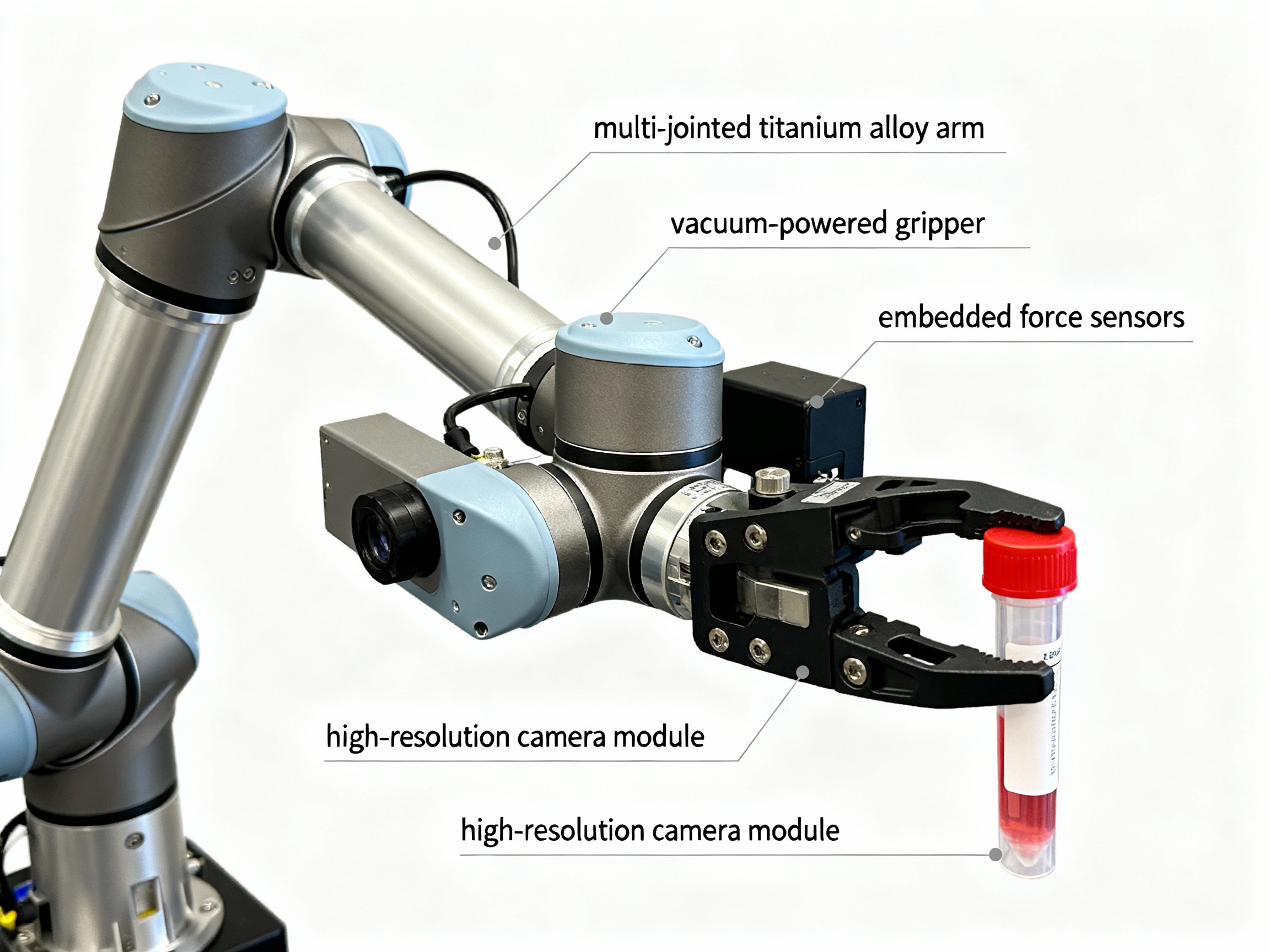A close-up of a robotic uncapping arm with labeled parts: multi-jointed titanium alloy arm, vacuum-powered gripper, embedded force sensors, and a high-resolution camera module. The gripper is delicately holding a plastic specimen tube capped with a red lid. Soft diffused lighting emphasizes technical details.