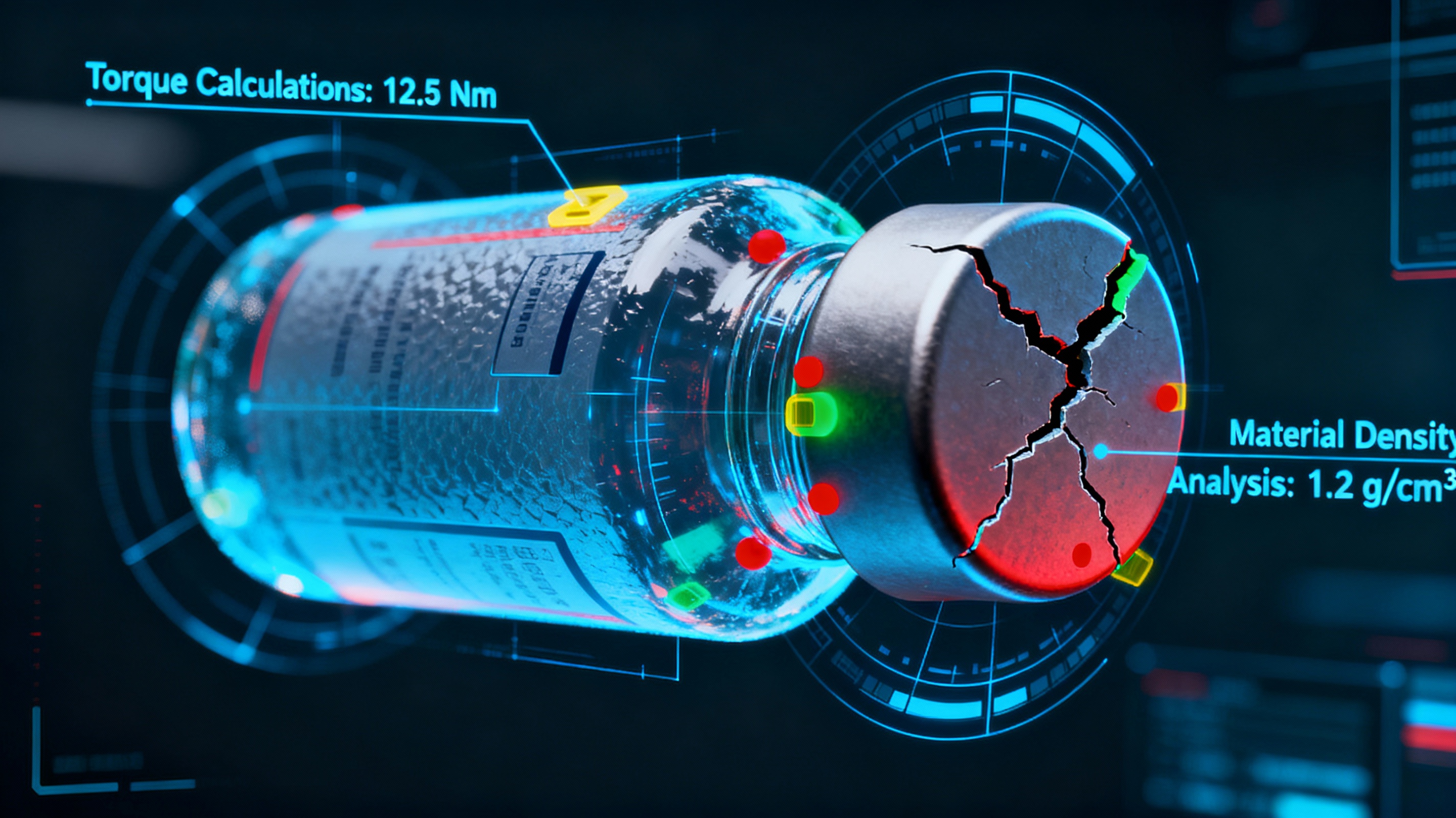 An AI system analyzing a rotating 3D scan of a serum vial with a damaged cap. The visualization shows color-coded stress points and potential grip areas. The interface has holographic blue overlays with data streams indicating torque calculations and material density analysis.