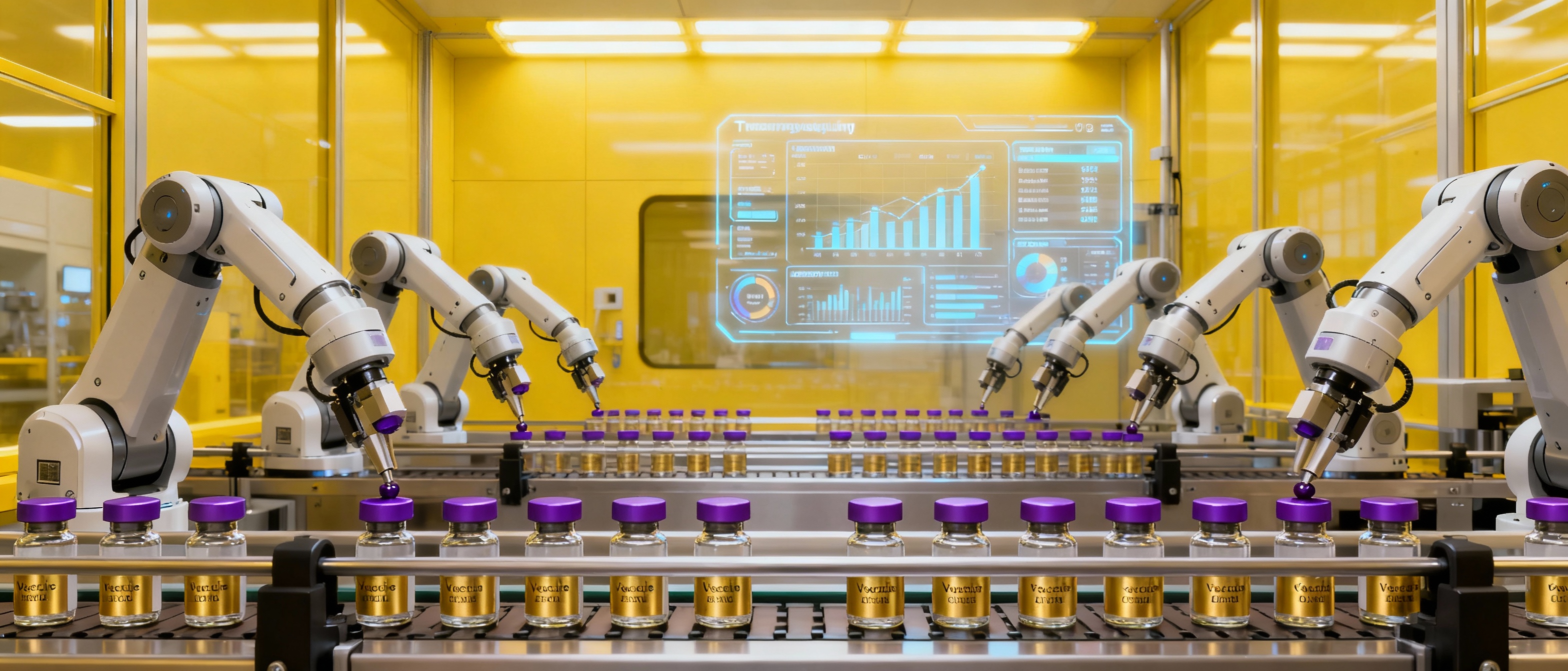 A panoramic view of a pharmaceutical quality control lab with rows of AI-guided robots uncapping vaccine vials on a conveyor system. The vials have purple caps and gold labels, bathed in ISO-classified yellow safe lighting. A holographic dashboard in the background displays real-time throughput analytics.