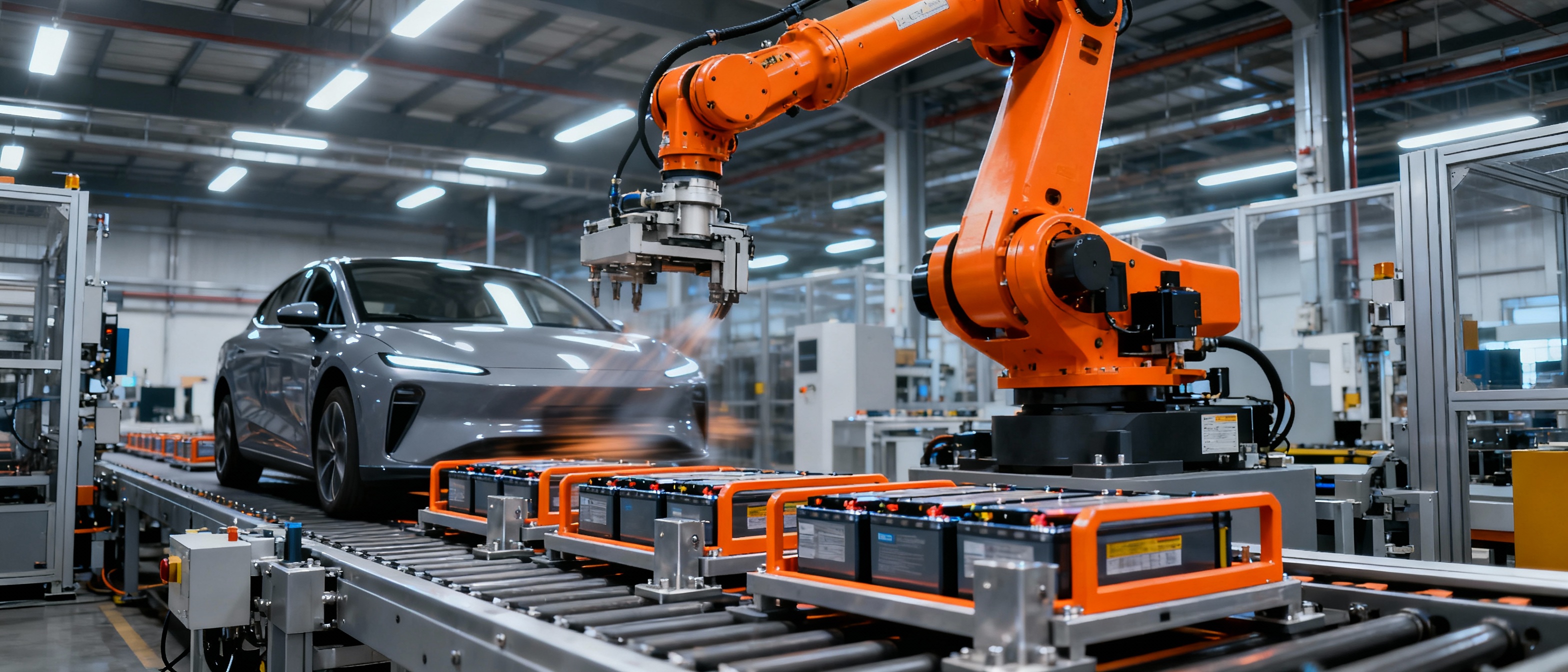 Automated electric vehicle production line with magnetic frames aligning battery modules. Bright orange robotic arms contrast with metallic gray machinery, illuminated by stark industrial lighting. The atmosphere is dynamic, emphasizing motion and technological advancement.