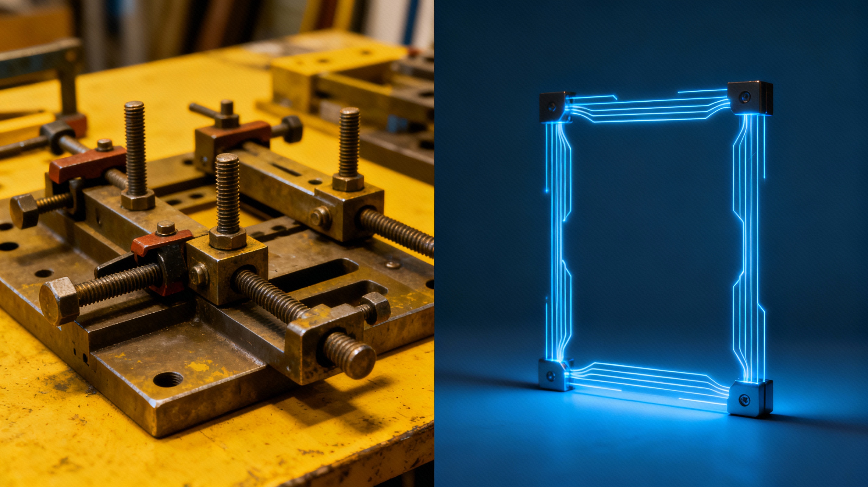 Split-image comparison: Left side shows a cluttered mechanical alignment jig with bolts and clamps; right side features a minimalist magnetic frame with glowing field lines. Warm yellow tones for traditional tools vs. cool blues for magnetic tech, symbolizing innovation.