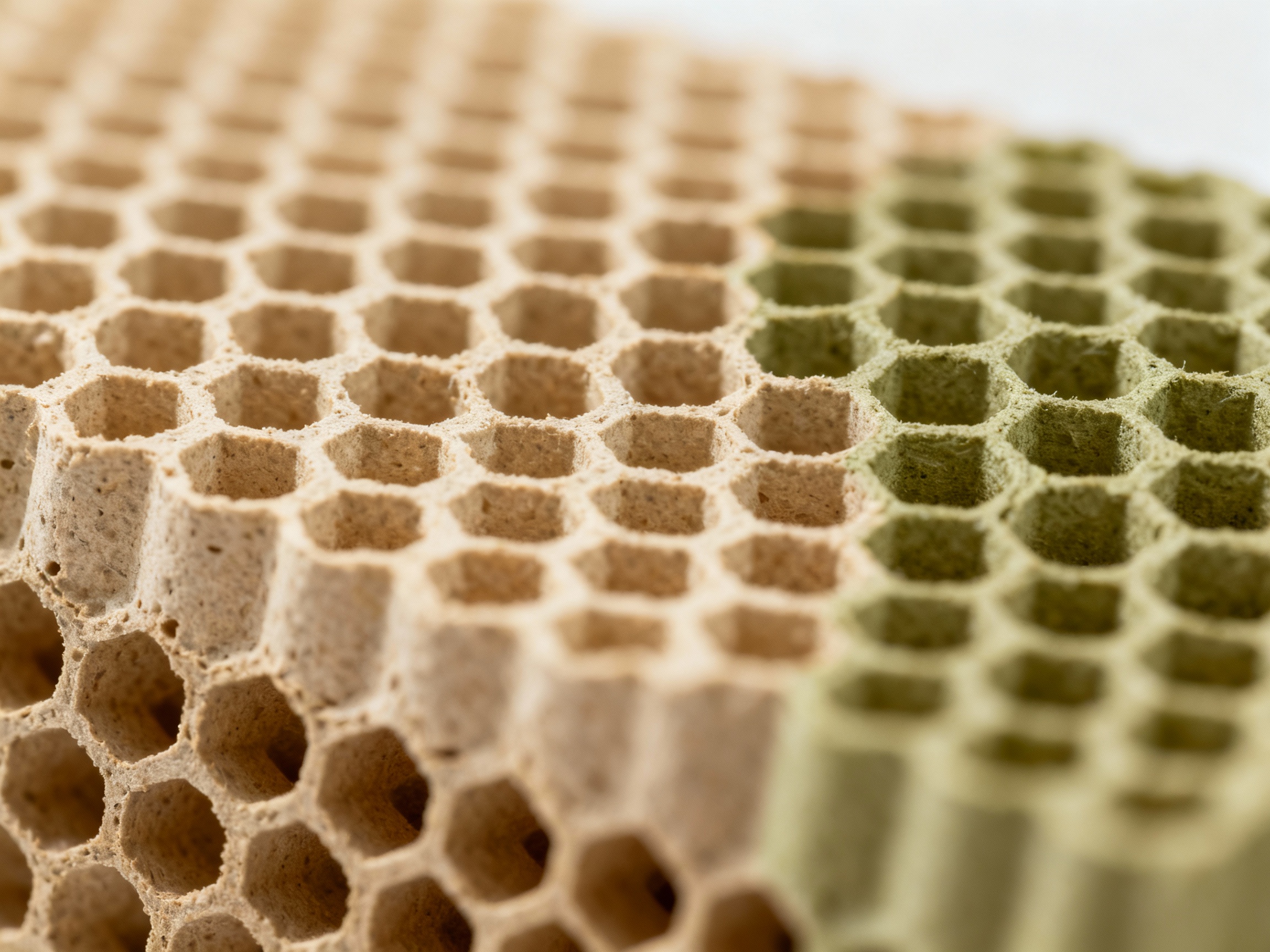 A macro photograph of a biodegradable bee barrier textured with intricate hexagonal patterns, resembling honeycomb structures. The material has a matte, organic finish in earthy tones, lit with diffused daylight to highlight its porous, eco-friendly design and compatibility with natural habitats.