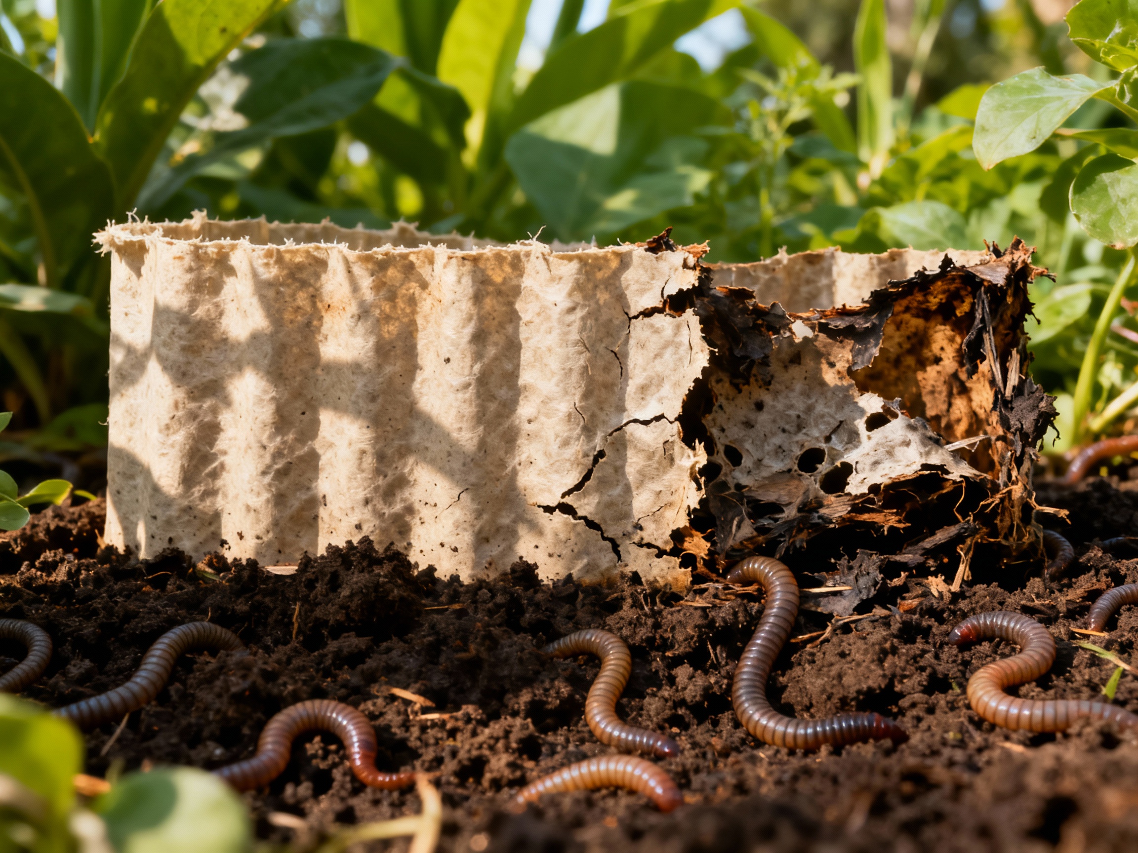A time-lapse-style image showing a biodegradable barrier transitioning from intact to partially decomposed over weeks. The background features lush green foliage and soil rich with earthworms, emphasizing the material's integration into a thriving ecosystem. Soft shadows and warm lighting evoke natural decay processes.